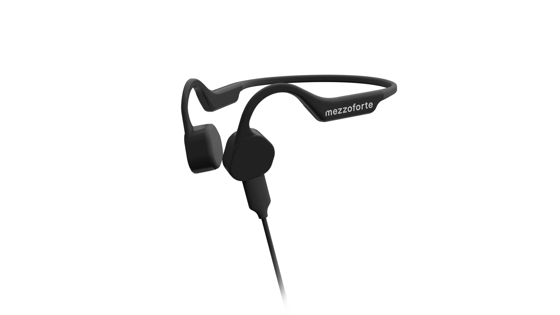 Cuffie a conduzione ossea Mezzoforte nere con archetto flessibile, utilizzate per le audioguide di Lou Lindal