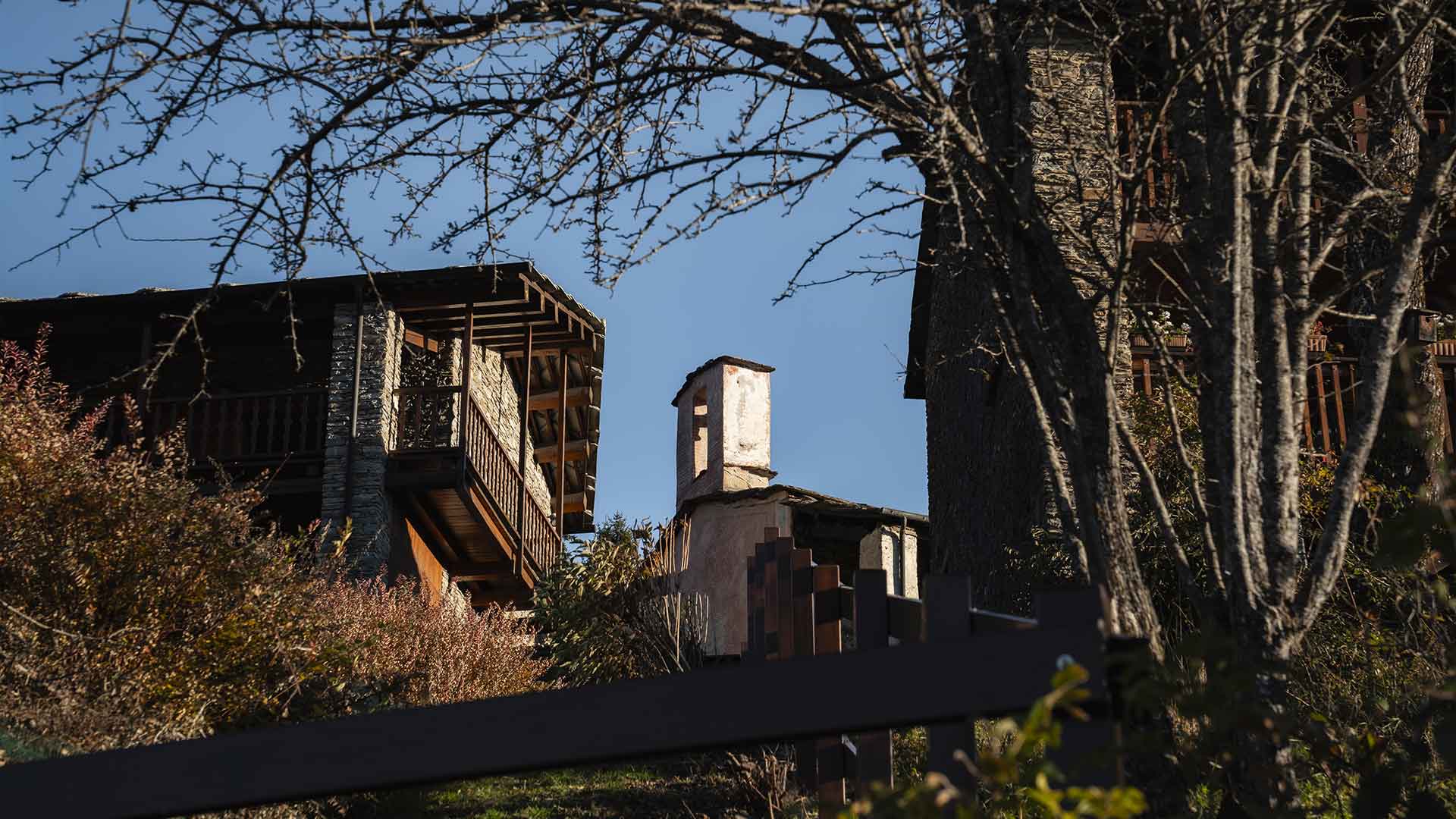 Cascina tradizionale in pietra e legno tra i rami spogli degli alberi in inverno