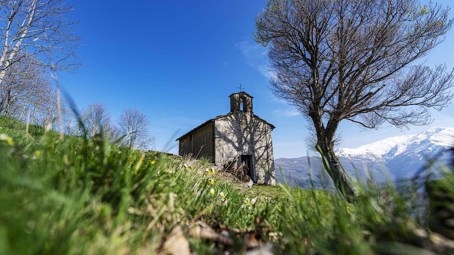Cappella isolata su prato fiorito con erba alta, cielo azzurro intenso e montagne innevate